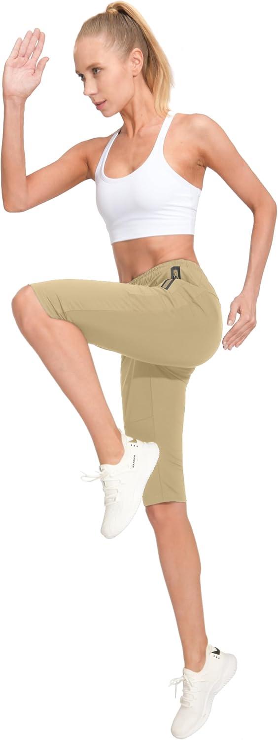 imageLittle Donkey Andy Womens Quick Dry Cool Capri Pants with Stretch Drawstring Summer Hiking Running ShortsAcaprisbkhaki