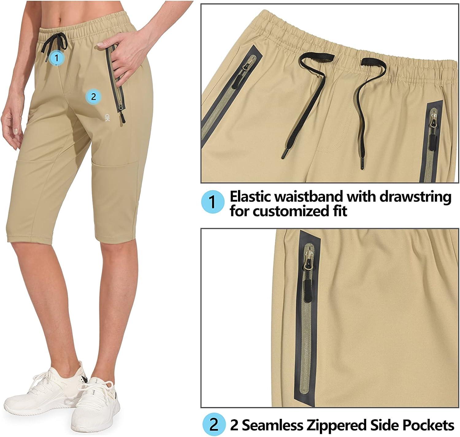 imageLittle Donkey Andy Womens Quick Dry Cool Capri Pants with Stretch Drawstring Summer Hiking Running ShortsAcaprisbkhaki