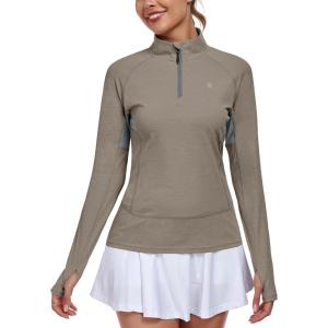 imageLittle Donkey Andy Womens Shirts Long Sleeve 14 Zip UPF50 UV Sun Protection Quick Dry Workout Hiking Athletic ShirtsThumb Hole Vintage Khaki Heather