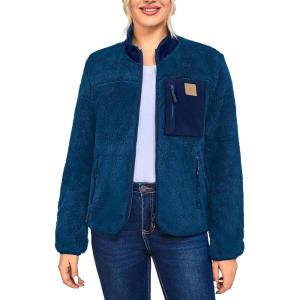 imageWomens Fleece Sherpa Jacket Fuzzy Long Sleeve Casual Coat Zip Up Warm Winter Fall Outerwear with PocketsBlue