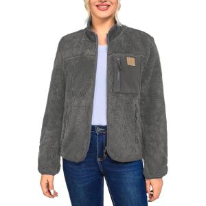 imageWomens Fleece Sherpa Jacket Fuzzy Long Sleeve Casual Coat Zip Up Warm Winter Fall Outerwear with PocketsGrey