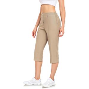 imageLittle Donkey Andy Womens Stretchy Straight Leg Dress Pants Business Casual Elastic Waist Cropped Work Pants with PocketsCropped Pantskhaki