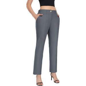 imageLittle Donkey Andy Womens Stretchy Straight Leg Dress Pants Business Casual Elastic Waist Cropped Work Pants with PocketsGrey