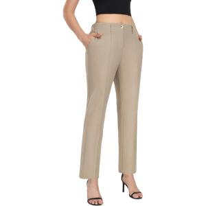 imageLittle Donkey Andy Womens Stretchy Straight Leg Dress Pants Business Casual Elastic Waist Cropped Work Pants with PocketsKhaki