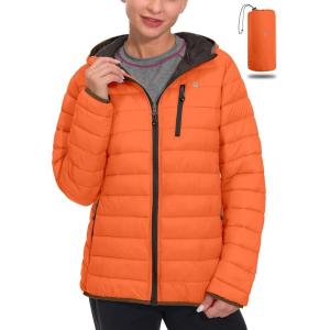 imageLittle Donkey Andy Womens Packable Lightweight Puffer Jacket Hooded Windproof Winter Coat with Recycled InsulationPackable Orange