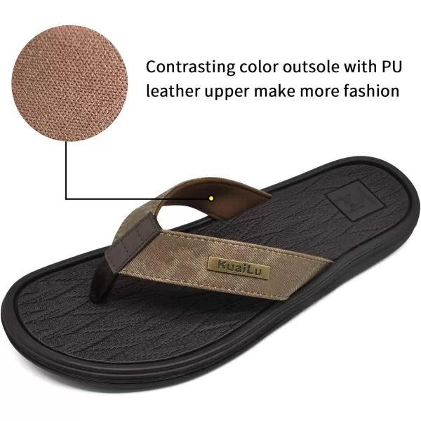 KuaiLu Mens Flip Flops Arch Support Comfortable Waterproof Open Toe Summer Beach Leather Thong Sandals Cushion Slip on Slippers