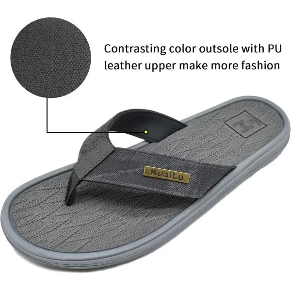 KuaiLu Mens Flip Flops Arch Support Comfortable Waterproof Open Toe Summer Beach Leather Thong Sandals Cushion Slip on Slippers