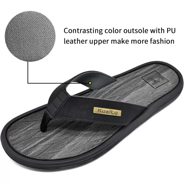 KuaiLu Mens Flip Flops Arch Support Comfortable Waterproof Open Toe Summer Beach Leather Thong Sandals Cushion Slip on Slippers