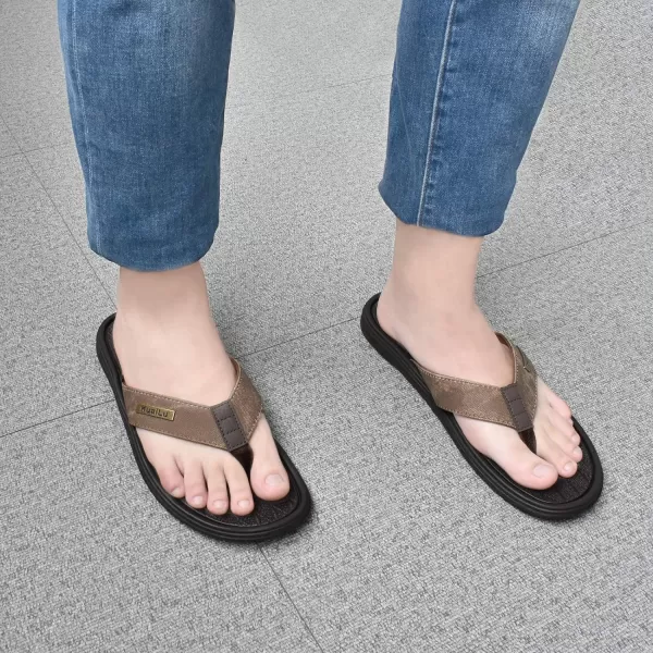 KuaiLu Mens Flip Flops Arch Support Comfortable Waterproof Open Toe Summer Beach Leather Thong Sandals Cushion Slip on Slippers
