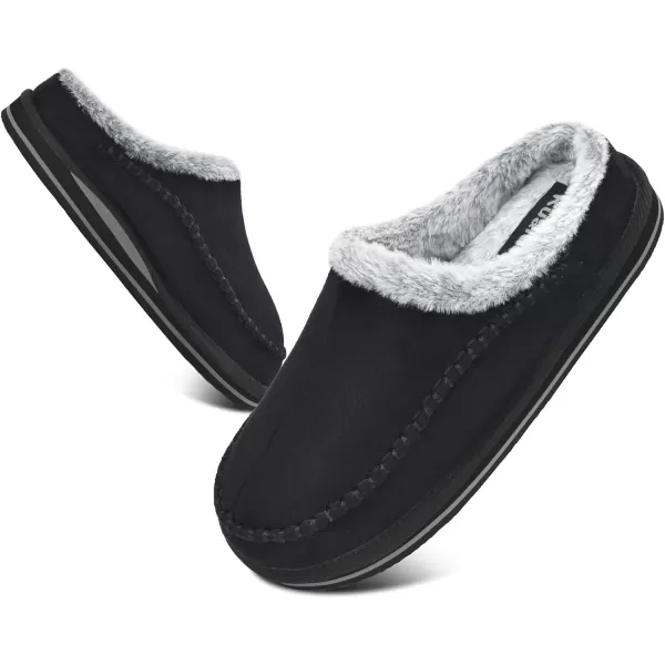 KuaiLu Mens Memory Foam Clog Slippers Comfy Handmade Stitch Microsuede Slip-on House Shoes With Arch Support Warm Faux Fur Lined Rubber Sole Indoor Outdoor