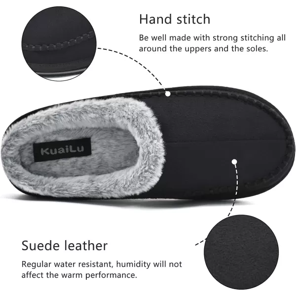 KuaiLu Mens Memory Foam Clog Slippers Comfy Handmade Stitch Microsuede Slip-on House Shoes With Arch Support Warm Faux Fur Lined Rubber Sole Indoor Outdoor