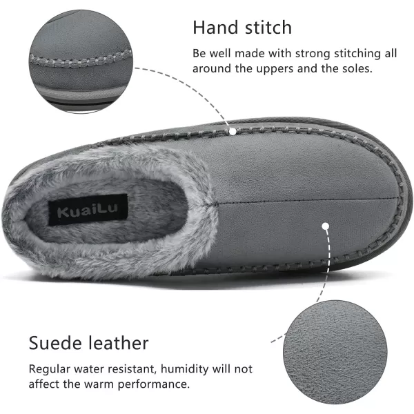 KuaiLu Mens Memory Foam Clog Slippers Comfy Handmade Stitch Microsuede Slip-on House Shoes With Arch Support Warm Faux Fur Lined Rubber Sole Indoor Outdoor