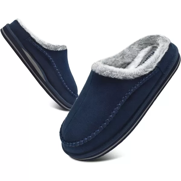 KuaiLu Mens Memory Foam Clog Slippers Comfy Handmade Stitch Microsuede Slip-on House Shoes With Arch Support Warm Faux Fur Lined Rubber Sole Indoor Outdoor