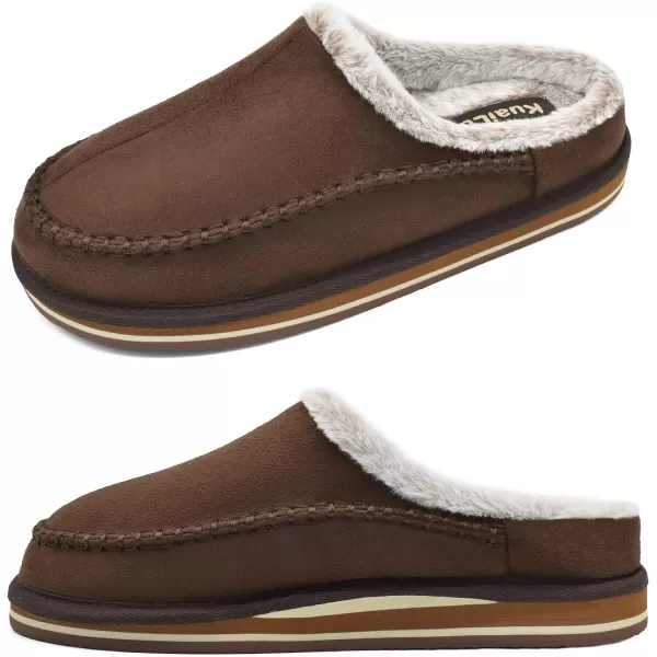 KuaiLu Mens Memory Foam Clog Slippers Comfy Handmade Stitch Microsuede Slip-on House Shoes With Arch Support Warm Faux Fur Lined Rubber Sole Indoor Outdoor