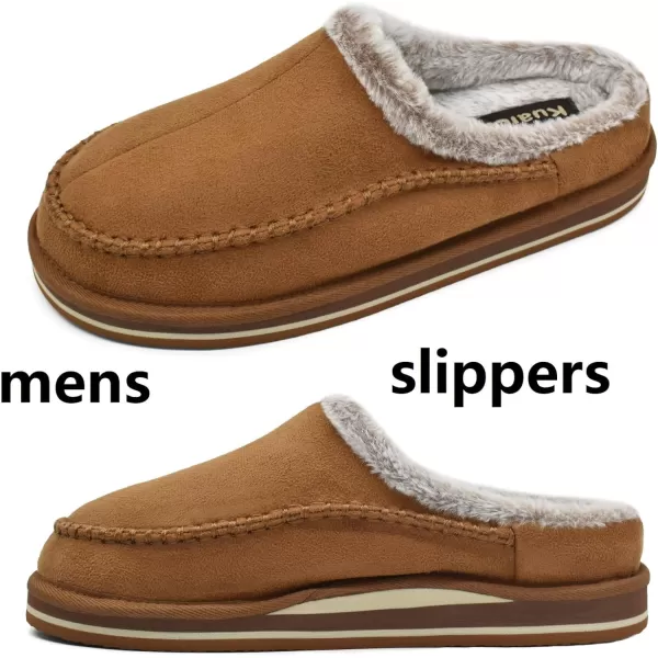 KuaiLu Mens Memory Foam Clog Slippers Comfy Handmade Stitch Microsuede Slip-on House Shoes With Arch Support Warm Faux Fur Lined Rubber Sole Indoor Outdoor