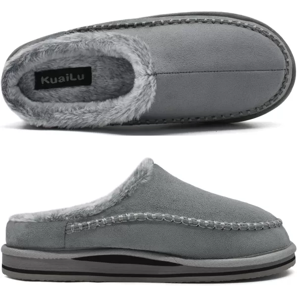 KuaiLu Mens Memory Foam Clog Slippers Comfy Handmade Stitch Microsuede Slip-on House Shoes With Arch Support Warm Faux Fur Lined Rubber Sole Indoor Outdoor