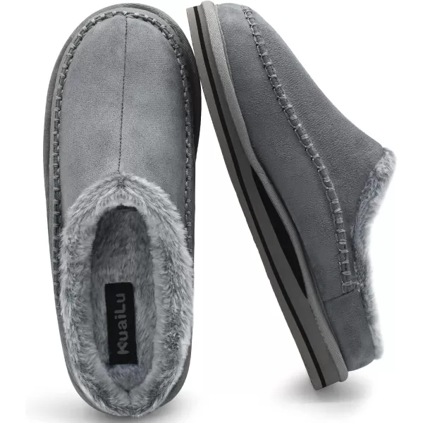 KuaiLu Mens Memory Foam Clog Slippers Comfy Handmade Stitch Microsuede Slip-on House Shoes With Arch Support Warm Faux Fur Lined Rubber Sole Indoor Outdoor