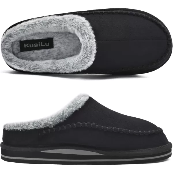 KuaiLu Mens Memory Foam Clog Slippers Comfy Handmade Stitch Microsuede Slip-on House Shoes With Arch Support Warm Faux Fur Lined Rubber Sole Indoor Outdoor