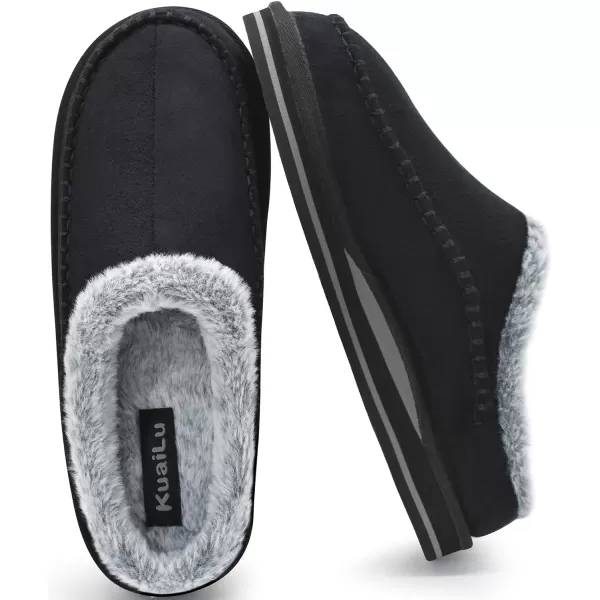 KuaiLu Mens Memory Foam Clog Slippers Comfy Handmade Stitch Microsuede Slip-on House Shoes With Arch Support Warm Faux Fur Lined Rubber Sole Indoor Outdoor
