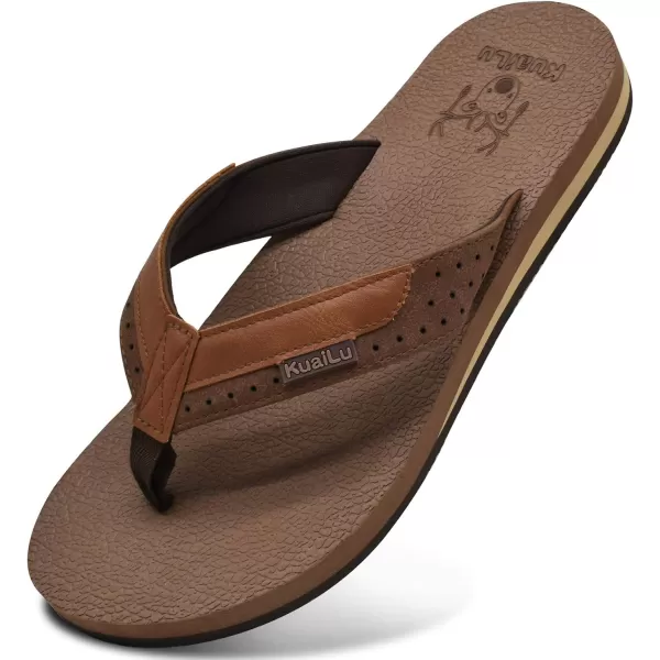 KuaiLu Men's Yoga Mat Leather Flip Flops Thong Sandals with Arch Support