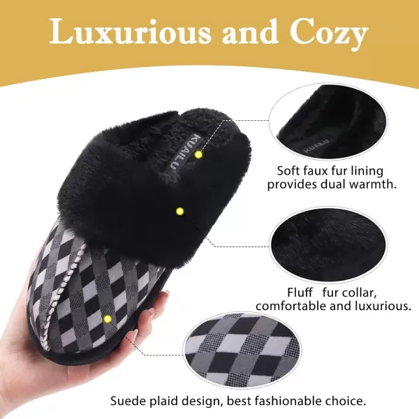 KuaiLu Womens Fluff Dual Memory Foam Slippers Ladies Cozy Arch Support Warm Scuff Slippers Slip on Comfy Winter House Shoes with Non-Slip Indoor Outdoor Hard Sole