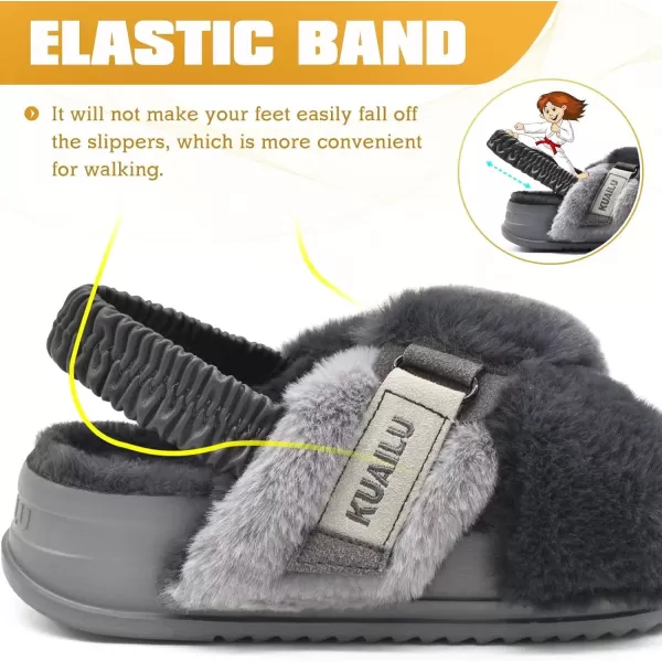 KuaiLu Womens Fuzzy Cross Band Platform Slippers with Back Strap Arch Support Furry Faux Fur Ladies Open Toe Slingback Slide Slippers Cozy Soft Plush Fleece Comfy House Shoe Sandals for Indoor Outdoor