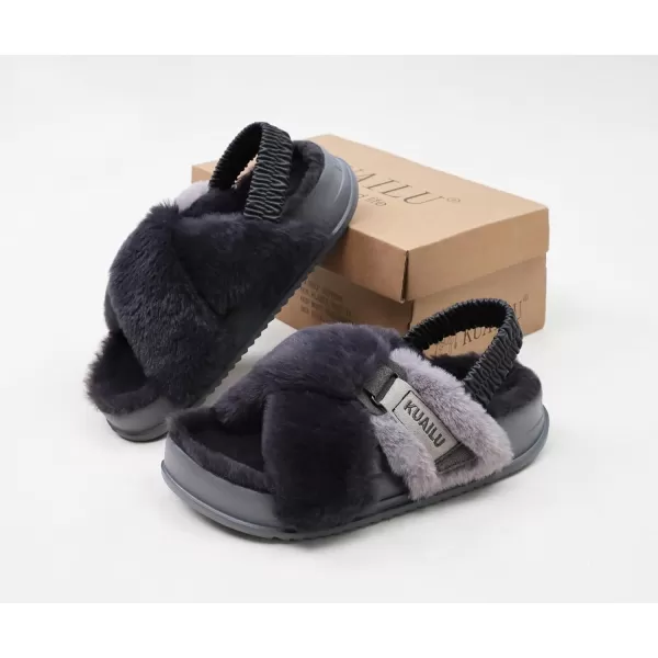 KuaiLu Womens Fuzzy Cross Band Platform Slippers with Back Strap Arch Support Furry Faux Fur Ladies Open Toe Slingback Slide Slippers Cozy Soft Plush Fleece Comfy House Shoe Sandals for Indoor Outdoor