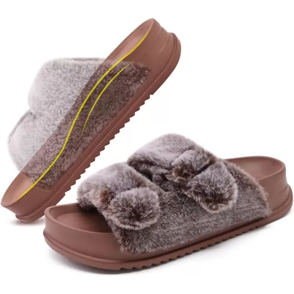 KuaiLu Womens Platform Slipper with Arch Support Soft Cushion Faux Fur Sandals Open Toe House Slipper Fluffy Slides Indoor Outdoor,6~12