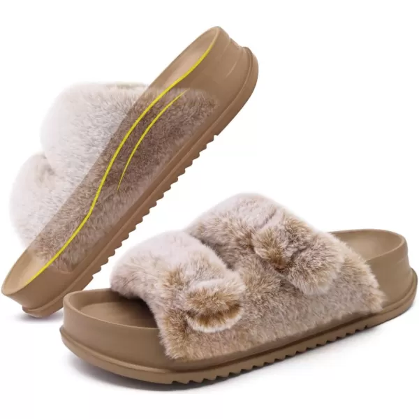 KuaiLu Womens Platform Slipper with Arch Support Soft Cushion Faux Fur Sandals Open Toe House Slipper Fluffy Slides Indoor Outdoor,6~12