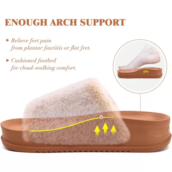 KuaiLu Womens Platform Slipper with Arch Support Soft Cushion Faux Fur Sandals Open Toe House Slipper Fluffy Slides Indoor Outdoor,6~12)