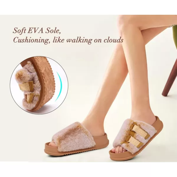 KuaiLu Womens Platform Slipper with Arch Support Soft Cushion Faux Fur Sandals Open Toe House Slipper Fluffy Slides Indoor Outdoor,6~12)