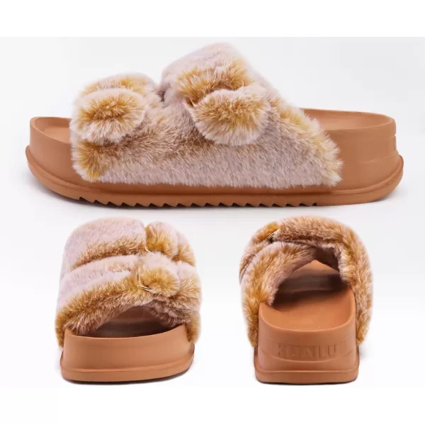 KuaiLu Womens Platform Slipper with Arch Support Soft Cushion Faux Fur Sandals Open Toe House Slipper Fluffy Slides Indoor Outdoor,6~12