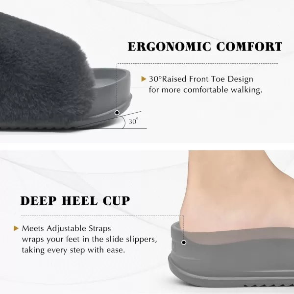 KuaiLu Womens Platform Slipper with Arch Support Soft Cushion Faux Fur Sandals Open Toe House Slipper Fluffy Slides Indoor Outdoor,6~12
