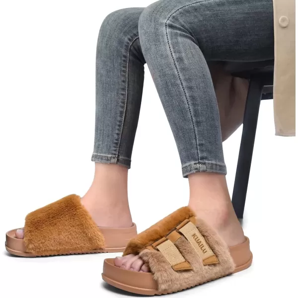 KuaiLu Womens Platform Slipper with Arch Support Soft Cushion Faux Fur Sandals Open Toe House Slipper Fluffy Slides Indoor Outdoor,6~12