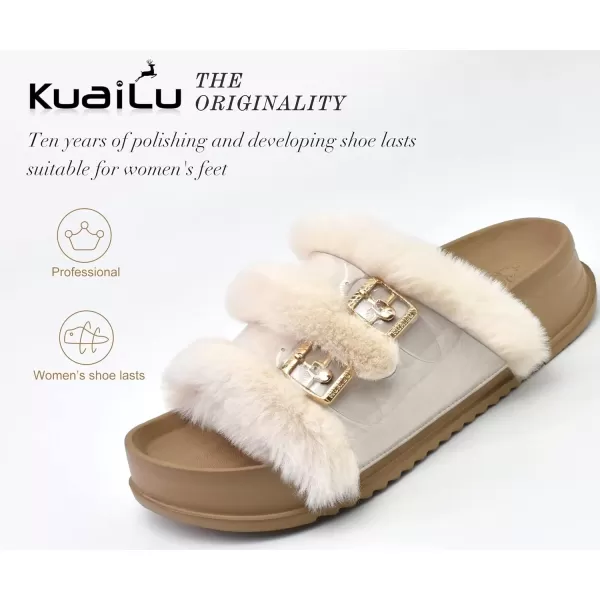 KuaiLu Womens Platform Slipper with Arch Support Soft Cushion Faux Fur Sandals Open Toe House Slipper Fluffy Slides Indoor Outdoor,6~12