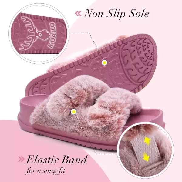 KuaiLu Womens Platform Slipper with Arch Support Soft Cushion Faux Fur Sandals Open Toe House Slipper Fluffy Slides Indoor Outdoor,6~12