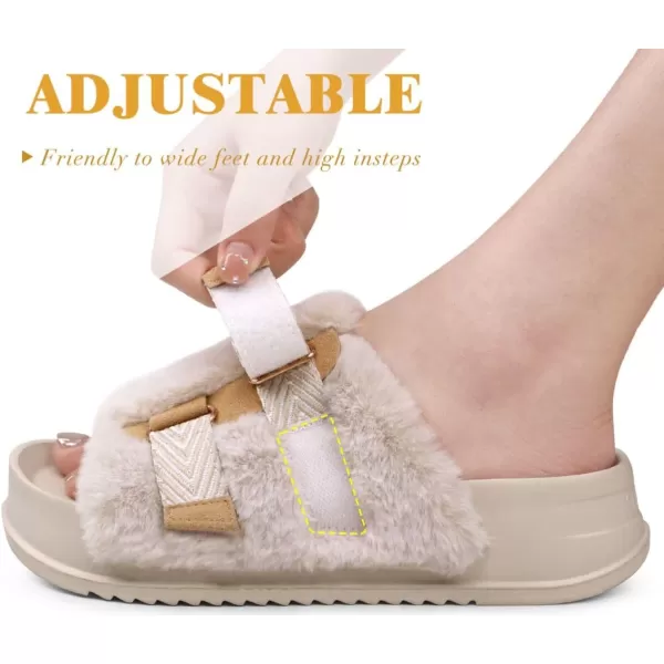 KuaiLu Womens Platform Slipper with Arch Support Soft Cushion Faux Fur Sandals Open Toe House Slipper Fluffy Slides Indoor Outdoor,6~12)
