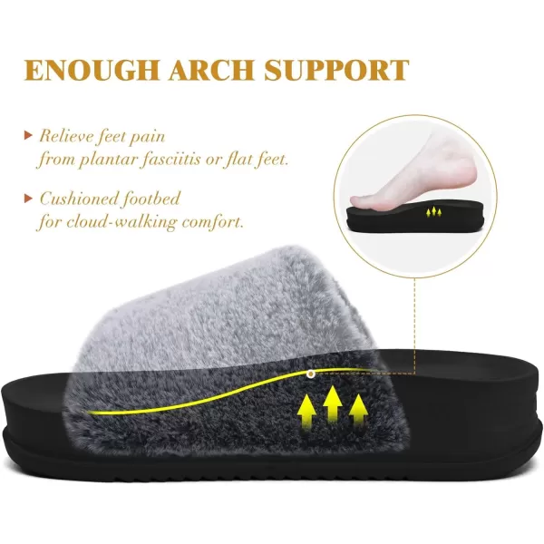 KuaiLu Womens Platform Slipper with Arch Support Soft Cushion Faux Fur Sandals Open Toe House Slipper Fluffy Slides Indoor Outdoor,6~12)