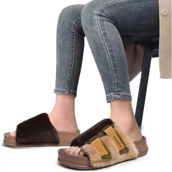 KuaiLu Womens Platform Slipper with Arch Support Soft Cushion Faux Fur Sandals Open Toe House Slipper Fluffy Slides Indoor Outdoor,6~12