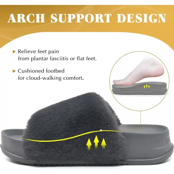 KuaiLu Womens Platform Slipper with Arch Support Soft Cushion Faux Fur Sandals Open Toe House Slipper Fluffy Slides Indoor Outdoor,6~12