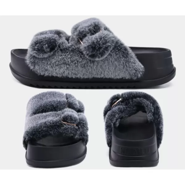 KuaiLu Womens Platform Slipper with Arch Support Soft Cushion Faux Fur Sandals Open Toe House Slipper Fluffy Slides Indoor Outdoor,6~12