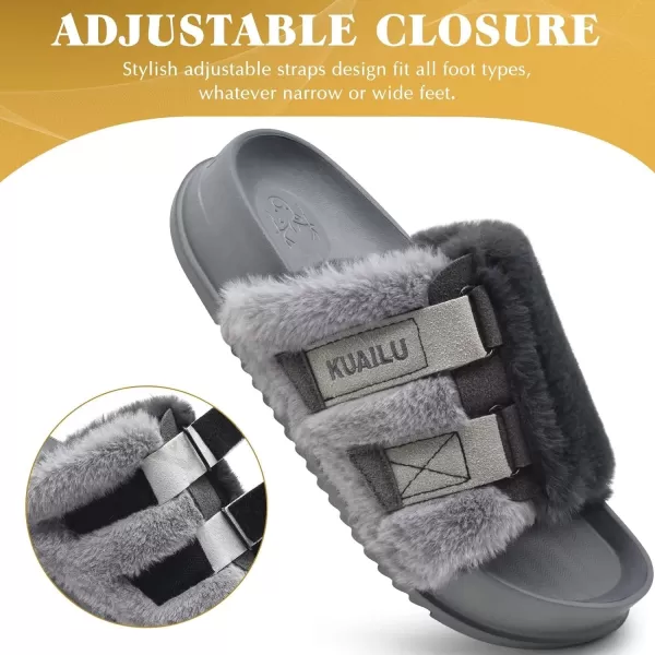 KuaiLu Womens Platform Slipper with Arch Support Soft Cushion Faux Fur Sandals Open Toe House Slipper Fluffy Slides Indoor Outdoor,6~12