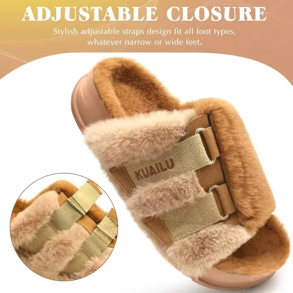 KuaiLu Womens Platform Slipper with Arch Support Soft Cushion Faux Fur Sandals Open Toe House Slipper Fluffy Slides Indoor Outdoor,6~12