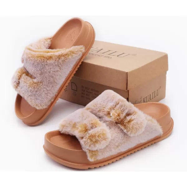 KuaiLu Womens Platform Slipper with Arch Support Soft Cushion Faux Fur Sandals Open Toe House Slipper Fluffy Slides Indoor Outdoor,6~12