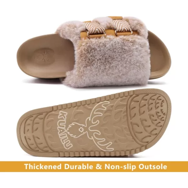 KuaiLu Womens Platform Slipper with Arch Support Soft Cushion Faux Fur Sandals Open Toe House Slipper Fluffy Slides Indoor Outdoor,6~12)
