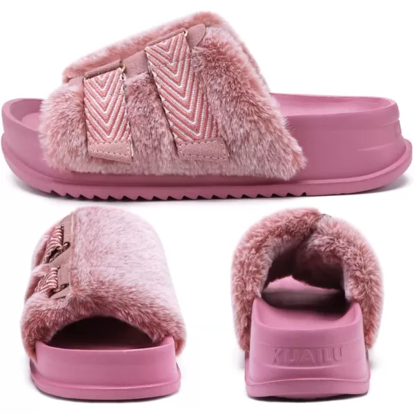 KuaiLu Womens Platform Slipper with Arch Support Soft Cushion Faux Fur Sandals Open Toe House Slipper Fluffy Slides Indoor Outdoor,6~12)