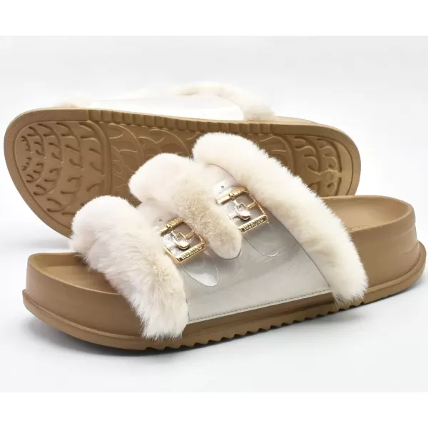 KuaiLu Womens Platform Slipper with Arch Support Soft Cushion Faux Fur Sandals Open Toe House Slipper Fluffy Slides Indoor Outdoor,6~12