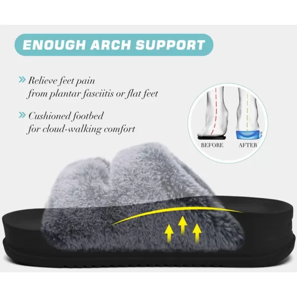 KuaiLu Womens Platform Slipper with Arch Support Soft Cushion Faux Fur Sandals Open Toe House Slipper Fluffy Slides Indoor Outdoor,6~12