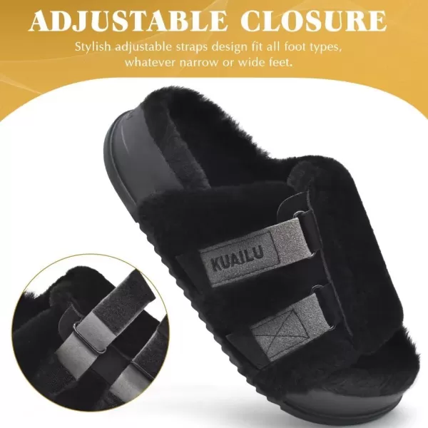 KuaiLu Womens Platform Slipper with Arch Support Soft Cushion Faux Fur Sandals Open Toe House Slipper Fluffy Slides Indoor Outdoor,6~12