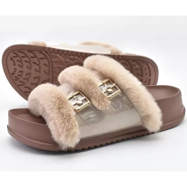 KuaiLu Womens Platform Slipper with Arch Support Soft Cushion Faux Fur Sandals Open Toe House Slipper Fluffy Slides Indoor Outdoor,6~12